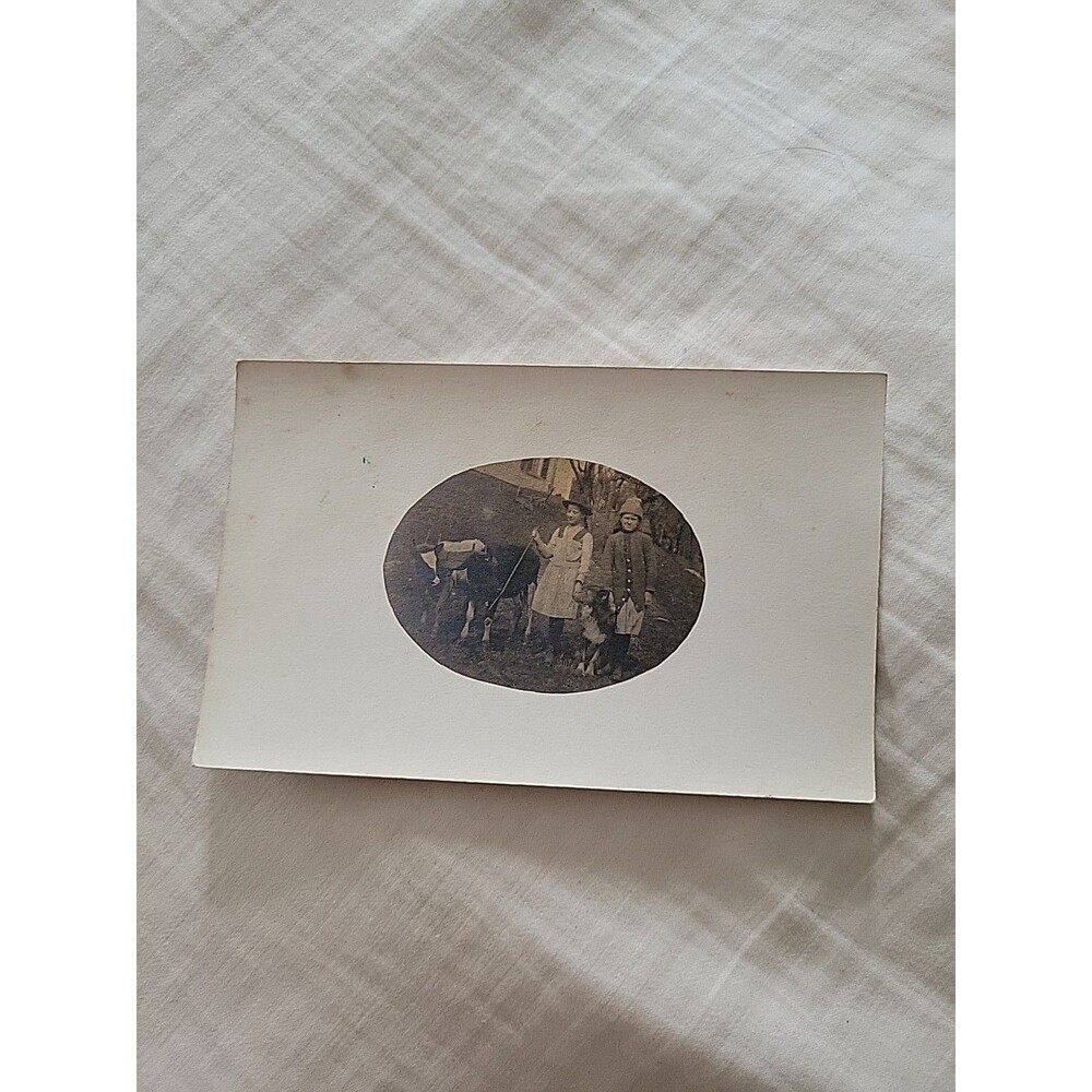 RPPC Children Cows Dog Pet Farm Boy Girl Photo Postcard NH New England Vtg